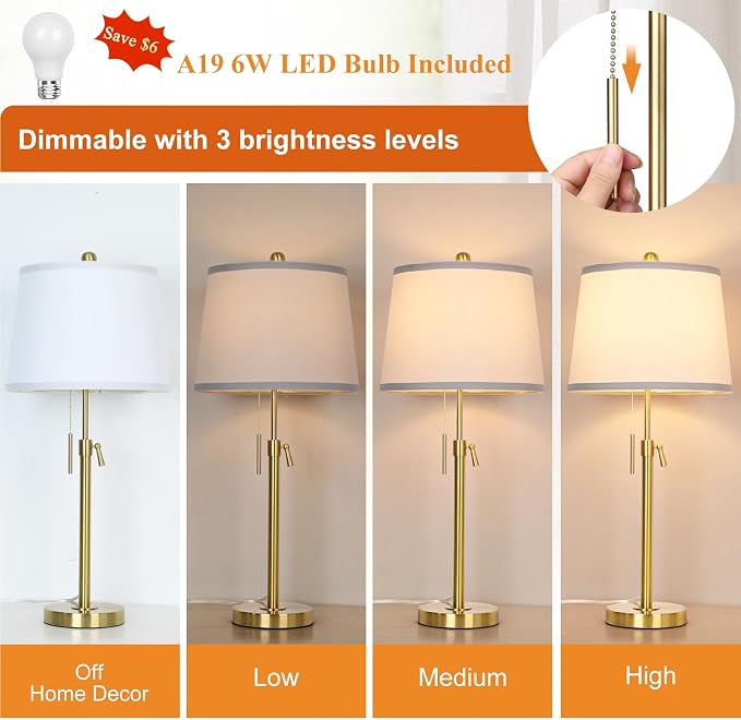 Modern Gold table Lamp 22" to 30"Adjustable Height 3 Brightness Way Brass Nightstand with White Linen Shade Pull Chain Pole Lights for Living Room Guest Bedroom End Table Office(Bulb Included, Single)