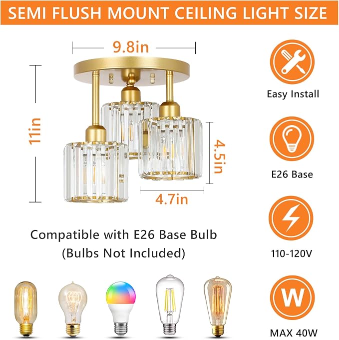 PAUFUL Modern Semi Flush Mount Ceiling Light,3-Light Golden Crystal Close to Ceiling Light Fixtures,Kitchen Light Fixtures with Clear Crystal Shade,Hallway Light Fixtures for Hallway Bedroom Bathroom