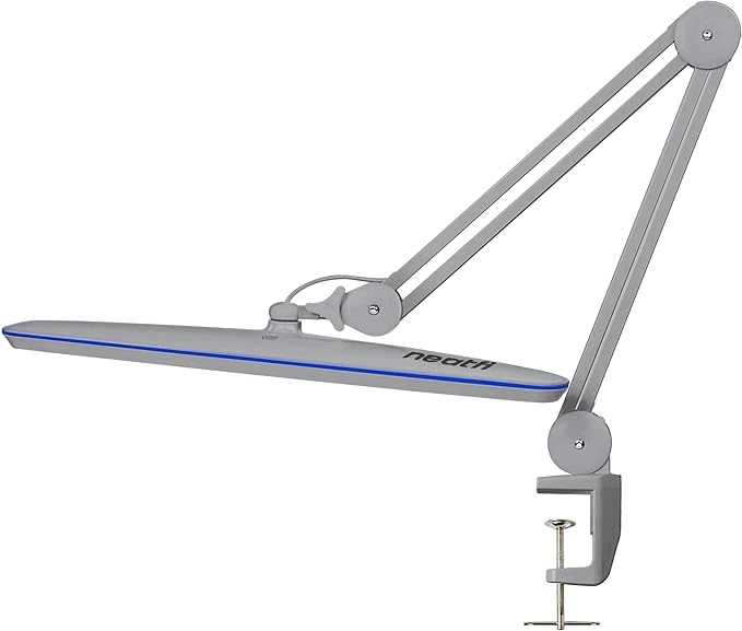 Neatfi XL 2,200 Lumens 24W LED Desk Lamp – 23” Wide Shade | Dimmable Eye-Caring Task Light | Adjustable Arm | Home Office, Study, Crafts & Nail Tech (Non-CCT with Clamp, Silver)