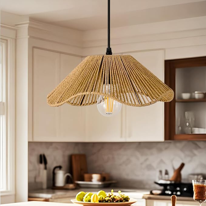 Hard Wired Rattan Pendant Lights Set of 2,Kitchen Island Pendant Lights with 12” Flower Shade,Boho Handwoven Paper Rope Rattan Ceiling Light for Living Room Dining Room Restaurant Foryer