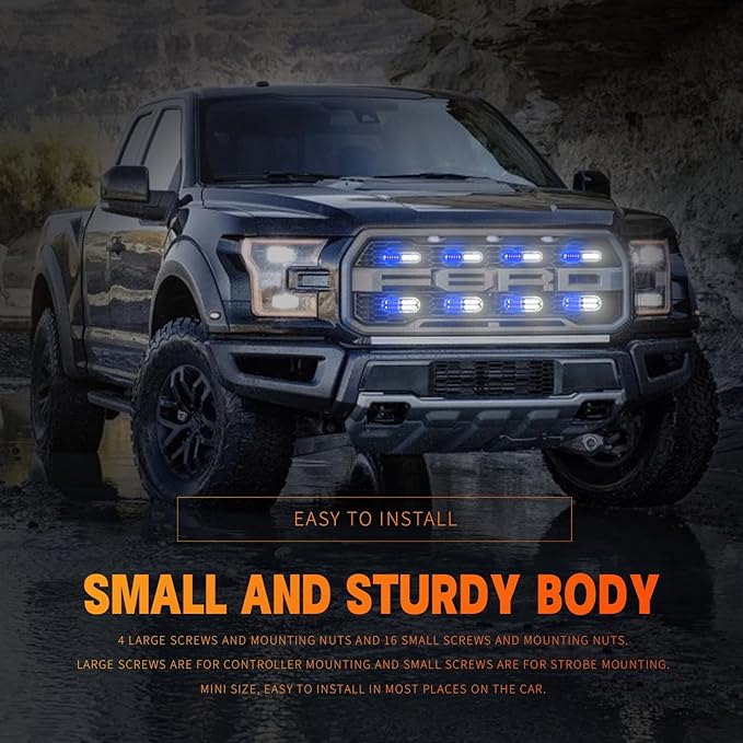 BooYu 8-pcs Sync Feature LED Emergency Strobe Lights Ultra Slim Grille Surface Mount Flashing Warning Hazard Light Bar w/Controller for Construction, Firefighter, Trucks, Vehicles, Car (Blue/White)