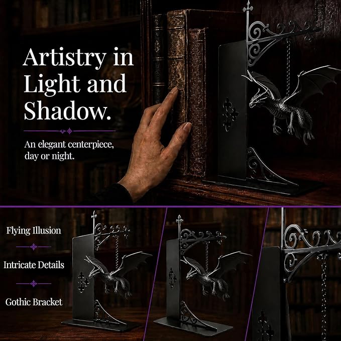 Magical Floating Dragon Bookshelf Lamp, Warm LED Dragon Night Light, Fantasy Reading Nook Decor, Unique Gift for Fantasy Lovers and Book Readers (Black)