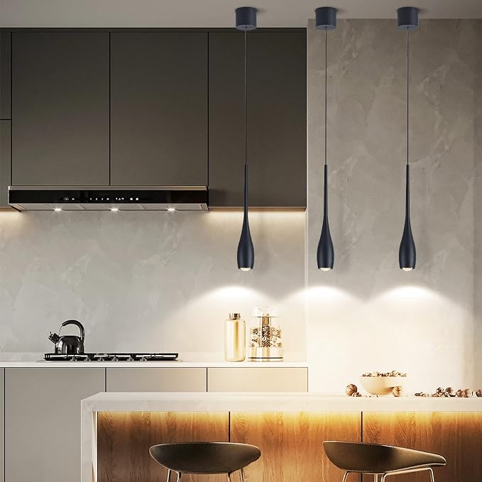 Black Pendant Light for Kitchen Island, LED Dimmable Pendant Light fixtures, Small Modern Industrial Adjustable Cord Hanging Pendant Light for Over Sink, Bar, Dining Room, Bedside