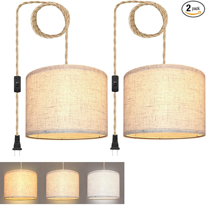 Plug in Pendant Light, Hanging Lights with Plug in Cord, Hanging Lamp with 15ft Hemp Rope, On/Off Switch, Beige Linen Shade, Light Fixture for Bedroom, Living Room, Dining Table 2 Pack