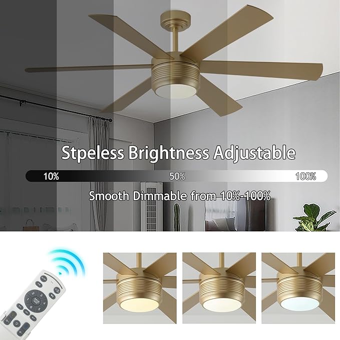 SHOWDI Ceiling Fan with Lights and Remote, 6 Blade App Control Timer Reversible Stepless Brightness and Color Temperature Outdoor Wood Ceiling Fan with Lights (Gold, 56 Inch)