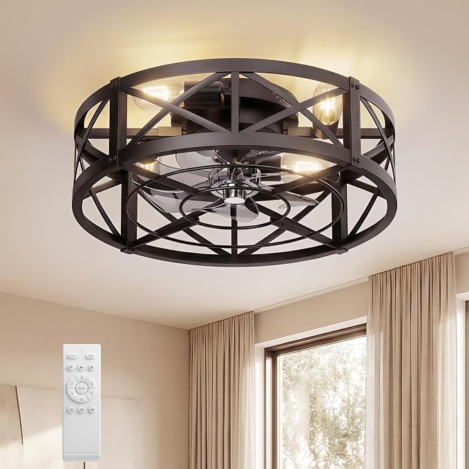 Caged Ceiling Fan with Light and Remote, 20" Low Profile Flush Mount Ceiling Fans with Light, 6 Speed, Timing, Reversible DC Motor, Small Farmhouse Fan Lights for Bedroon Kitchen Living Dining Room