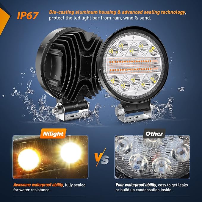 Nilight 2PCS 4.5 Inch 27W LED Light Bar Amber White Strobe 6 Modes Memory Function, Ideal for Fog & Snow, Off-Road Truck Car ATV JEEP Boat with 16AWG Wiring Harness Kit-2 Leads