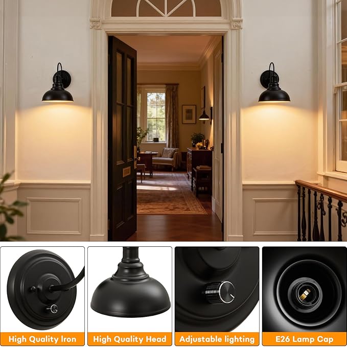 Lightess Wall Sconce with Switch Dimmable Wall Mounted Bedside Lamps 2 Pack | Industrial Farmhouse Gooseneck Dimmer Switch Matte Black Wall Mounted Lights For Bedroom Bedside Decor Set of 2