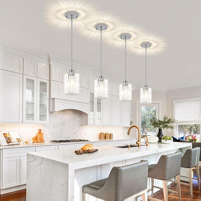 Chrome Crystal Pendant Lights Kitchen Island, Modern Kitchen Pendant Lighting Over Island Dining Room Light Fixtures Adjustable Hanging Pendant Light for Bathroom Hallway Entryway Bedroom Foyer