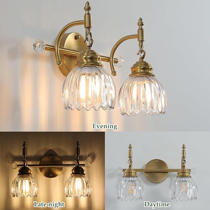 2 Light Vintage Vanity Light,Gold Brass Bathroom Light Fixture with Flower Clear Glass Shades,Bathroom Wall Light Over Mirror,E26 Base,Bulbs NOT Included