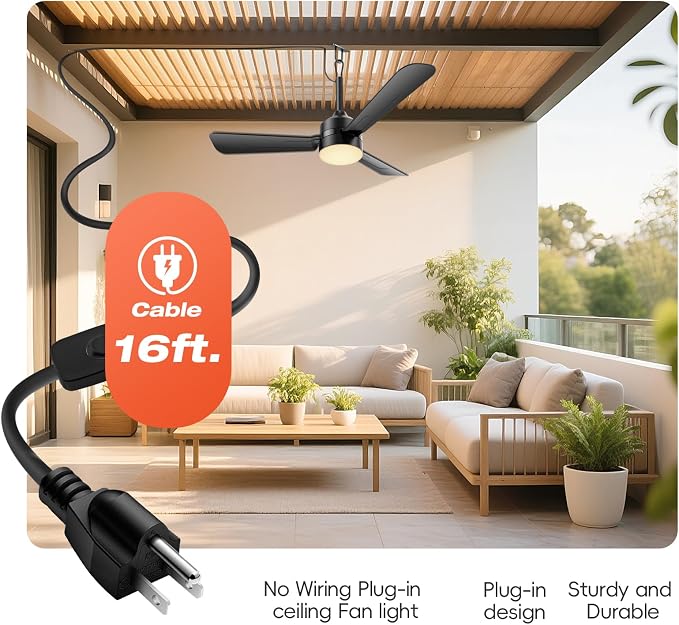 PBLALA Ceiling Fans with Lights,36.5" Plug in Ceiling Fan Light,Gazebo Fan Light,LED Fan Light Hanging with Hook,Hook Type Fan,45W,3000-6500k,Remote Control,Portable Fan for Patios,Pergola