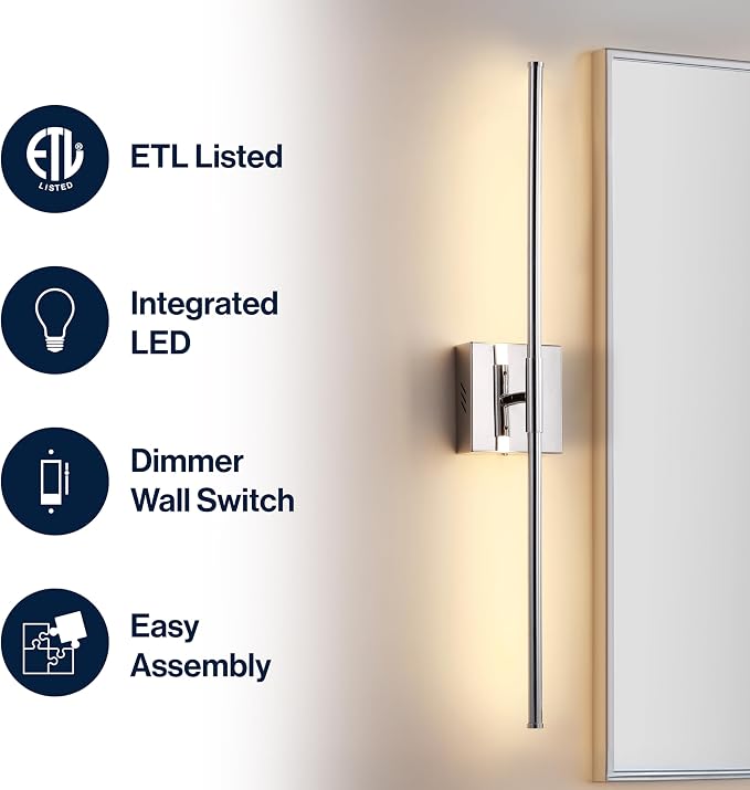JONATHAN Y Makena 28" 1-Light LED Wall Sconce, Chrome | Dimmable, Modern, Integrated 12W, Hardwired, Sleek Metal, Ambient, Bathroom Mirror, Bedroom, Hallway, Vanity Mount