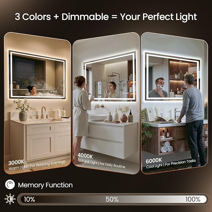 40x30 LED Bathroom Mirror with Anti-Fog, Backlit & Front Lights, Memory | Dimmable 3 Color CRI 95+ Shatterproof Tempered Glass ETL Listed for Safety Lighted Bathroom Vanity Mirror for Wall