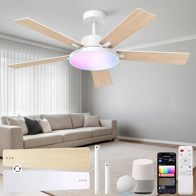 RGBCW Smart 52" 2600LM LED Ceiling Fan Light with Remote, White | Alexa/Google/App Control, Reversible DC Motor, 6 Speeds & 2 Fan Modes, Dimmable, Quiet Fan for Bedroom, Living & Gaming Room