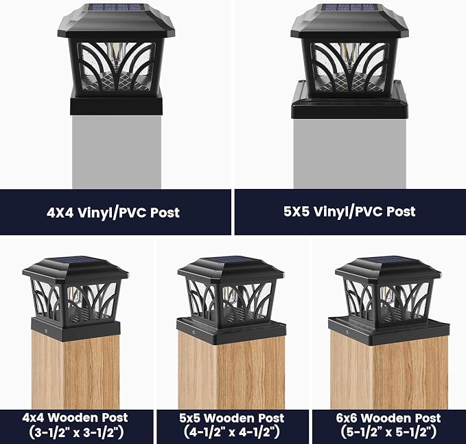 SIEDiNLAR Solar Post Cap Lights Outdoor, Aluminum Glass 2 Modes Edison LED Bulbs for 4x4 5x5 6x6 Vinyl/Wooden Posts Patio Deck Fence Decor, Warm White/Cool White Lighting 4 Pack (Black)