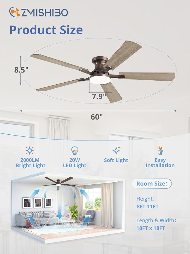 ZMISHIBO 60 Inch Ceiling Fans with Lights, Remote&App Control, Flush Mount | Low Profile, Dimmable 20W LED Light, Quiet Reversible Motor, Strong Airflow, Easy Install for Bedroom/Living Room/Apt, Brown