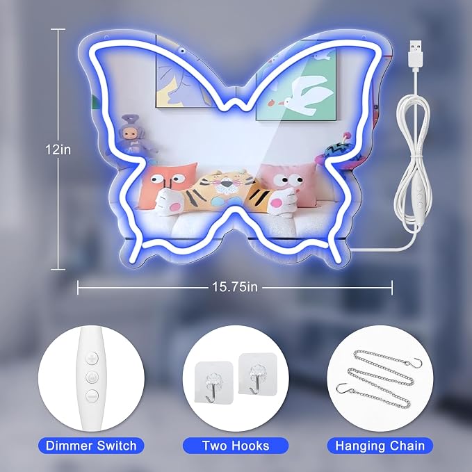 Butterfly Neon Sign Mirror, Neon Sign for Wall Decor, LED Butterfly Light with Dimmable Brightness, 15.7" x 12" Mirror Neon Sign for Girls Room, Teen Bedroom Decor, Birthday Party Gift, USB Powered Blue