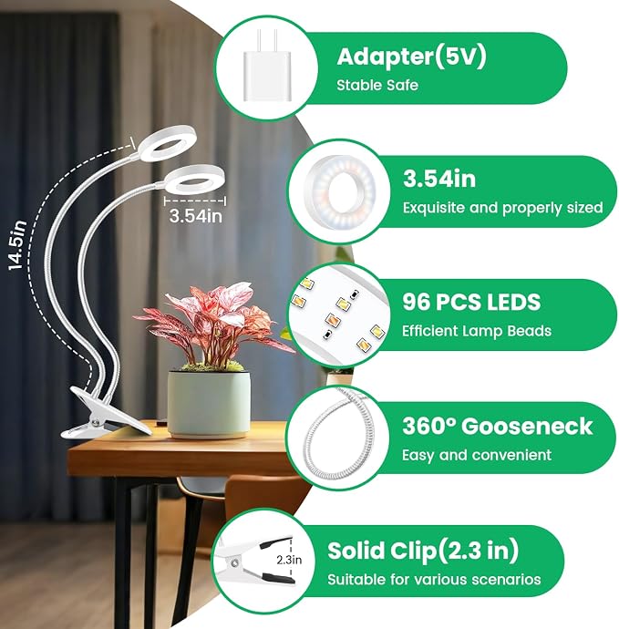 Wiaxulay Plant Grow Light Indoor Growing, 3.5in Clip Full Spectrum 2 Pack | 192 LEDs Halo Plant Lights 6000K+660nm, 360° Gooseneck Clip, 6/12/16H Timer, 5 Brightness, 2 pack for Seedlings, Succulents