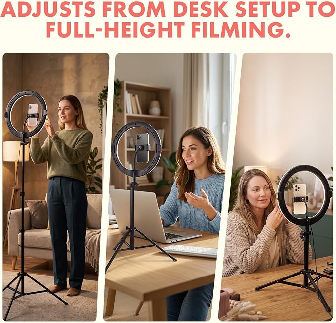 11’’ LED 12W Selfie Ring Light with Wired Control, 3 Color Modes, 10 Brightness Levels, Tripod Stand with 6 Sections, Phone Holder, Adjustable Brightness Levels for Influencers, YouTube, TikTok