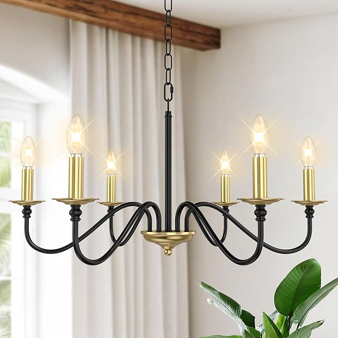 Rustic Farmhouse Candle Chandelier for Dining Room, 6-Light Rustic Black Iron Light Fixture with Classic S-Arm Design for Kitchen Island, Living Room, Foyer-Black and Gold