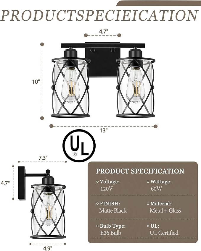 2-Light Black Bathroom Light Fixtures, 13.8 Inch Modern Bathroom Vanity Lighting Fixtures Over Mirror with Clear Glass and Metal Cage Wall Sconce Lights for Bath, E26, CH9176BK-2W