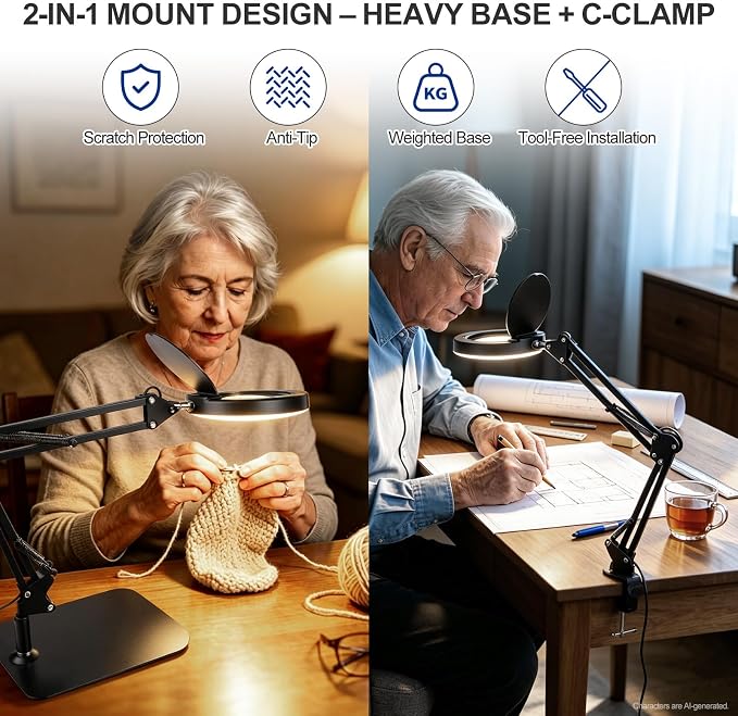 15X Magnifying Glass with Light and Stand for Crafts and Reading | Desk Magnifying Lamp With 2in1 Base & Clamp,With dust cover and adapter,Glass Lens,5 Color Modes,84 LEDs,For Seniors,Repair