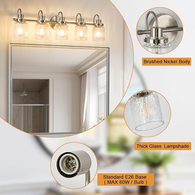 5 Lights Hammered Glass Bathroom Vanity Light,Brushed Nickel | Easy Installation,Up or Down,Farmhouse Modern Style,E26 Socket,ETL Certification