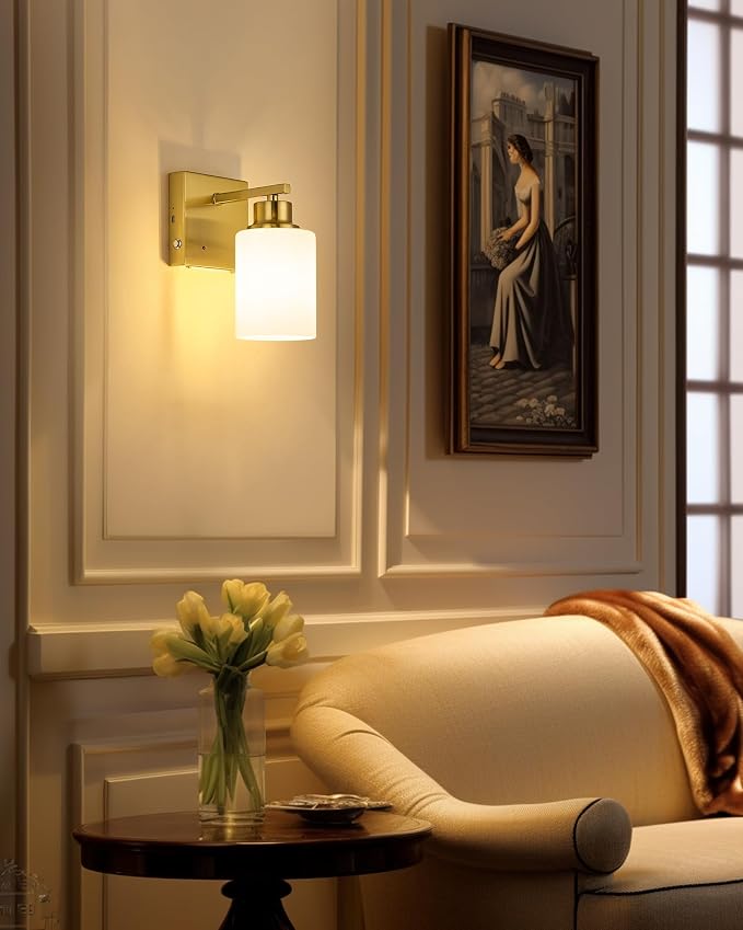 Wall Sconces Battery Operated Set of Two, Modern, White Glass, Gold | Dimmable, Easy Install Rechargeable Wall Lights with Timer Remote for Living Room Bedroom, Emergency 3000K