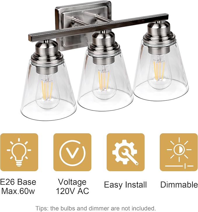 Brushed Nickel 3 Light Bathroom Vanity Light Set,5 Piece Brushed Nickel Bathroom Light Accessories Set,Brushed Nickle 3 Light Bathroom Vanity Fixture with Hardware Set