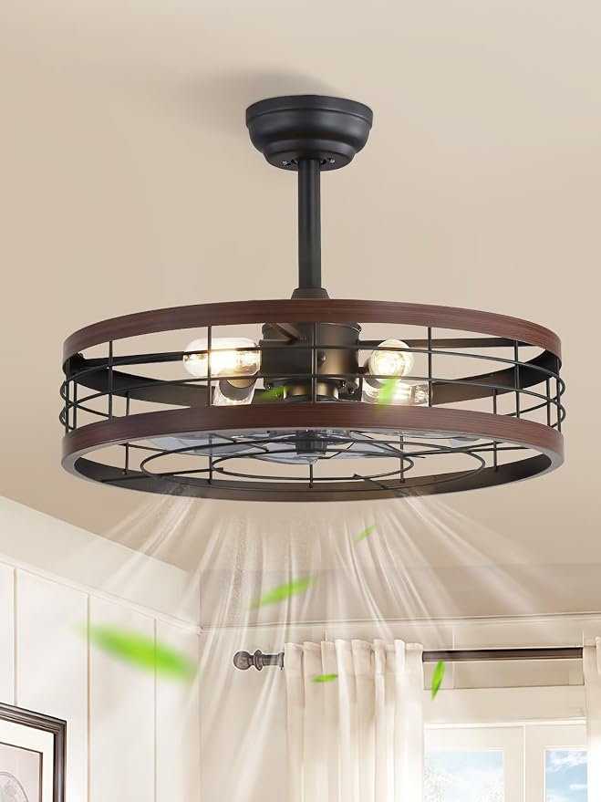LEDIARY 22 inch Caged Fandelier Ceiling Fan Light with Remote, Walnut | 6 Speed Adjustable,Timing, Quiet & Powerful DC, Small, Farmhouse, Industrial, Enclosed, Bladeless, Bedroom, Kitchen, Downrod