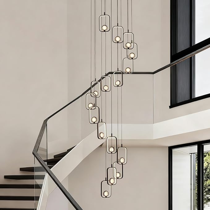 16 Lights Modern Staircase Chandelier Black Entryway High Ceiling Light Modern LED Chandelier16 Lights Black Crystal Light Fixture for Staircase Foyer Entryway Living Room