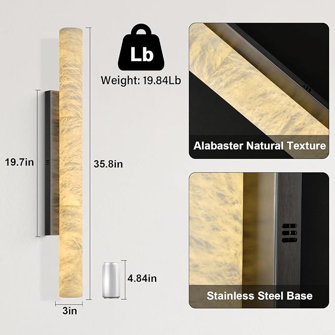 Natural Alabaster Wall Sconces, 36" Large Bronze Wall Sconce, Modern Gold LED Sconces, Cylinder Spanish Marble Sconce Perfect for Living Room, Bedroom, Hallway, Stairs