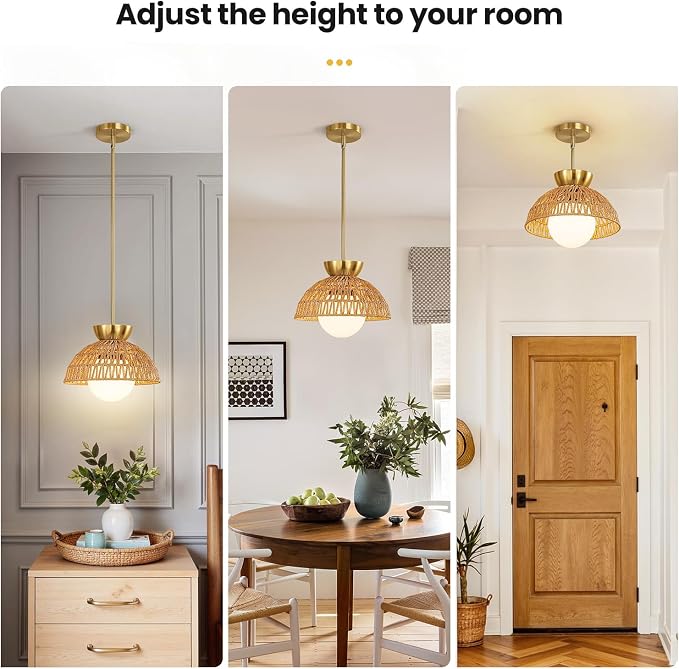 2 Pack Rattan Pendant Light, 11.8" Hand Woven Boho Pendant Light Fixture with Milk Glass Globe, Gold Kitchen Island light Fixtures Adjustable Chandelier for Dining Room Hallway Foyer Restaurant