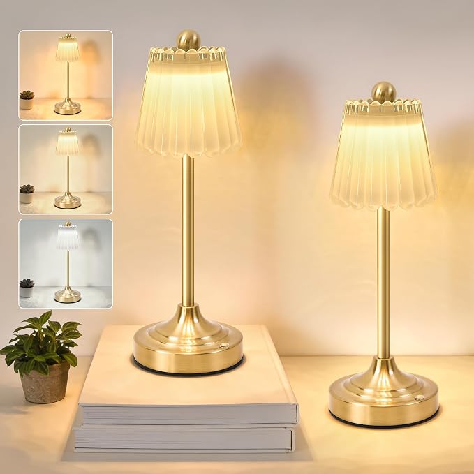 Small Vintage Cordless Table Lamp (White, 2 Pack) | 3-Color Dimmable Touch Control Small Desk Lamp for Bedroom,Office,Kitchen,Nightstand,Living Room,Home Decor