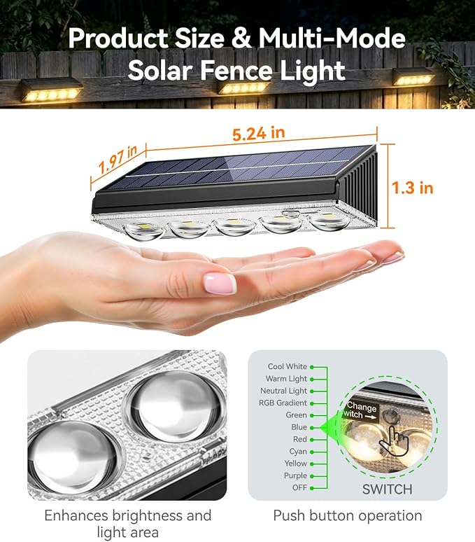 KOOPER Solar Fence Lights Outdoor Waterproof, 12 Pack Warm White & 9 Fixed Colors & Color Changing Fence Lights Solar Powered, Solar Lights Outdoor Fence for Outside Backyard Railing Patio Wall Deck