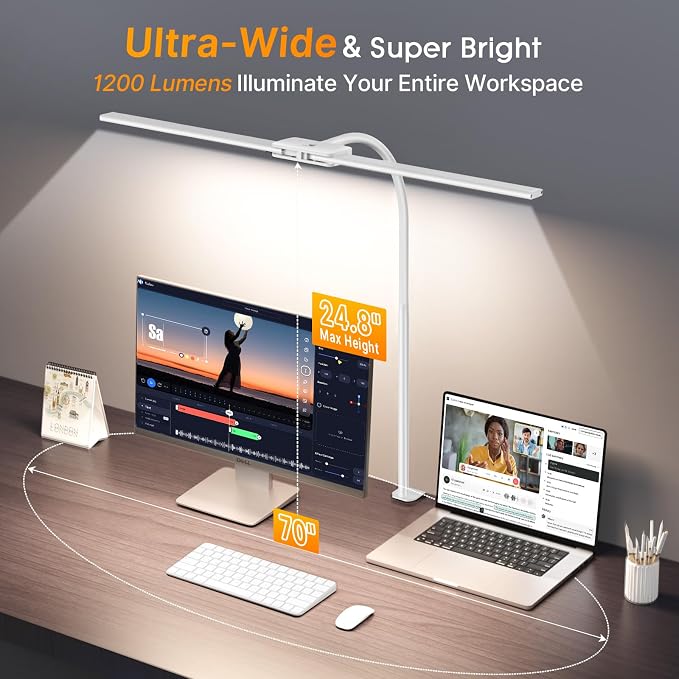 Syrinx LED Desk Lamp, Dual Head Desk Light with Clamp, Eye-Care Table Lamp | Flexible Gooseneck Task Light with Motion Sensor, Wired Control, 50 Lighting Modes, Timer & Memory Function for Home Office