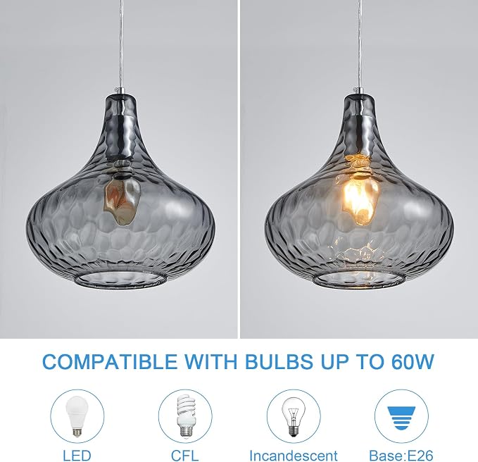 Hammered Glass Pendant Light 11" Industrial Farmhouse Ceiling Light | Smoke Gray Glass Shade, Chrome Finish, E26, Adjustable Hanging Light for Kitchen Island, Dining Room, Entrywayv