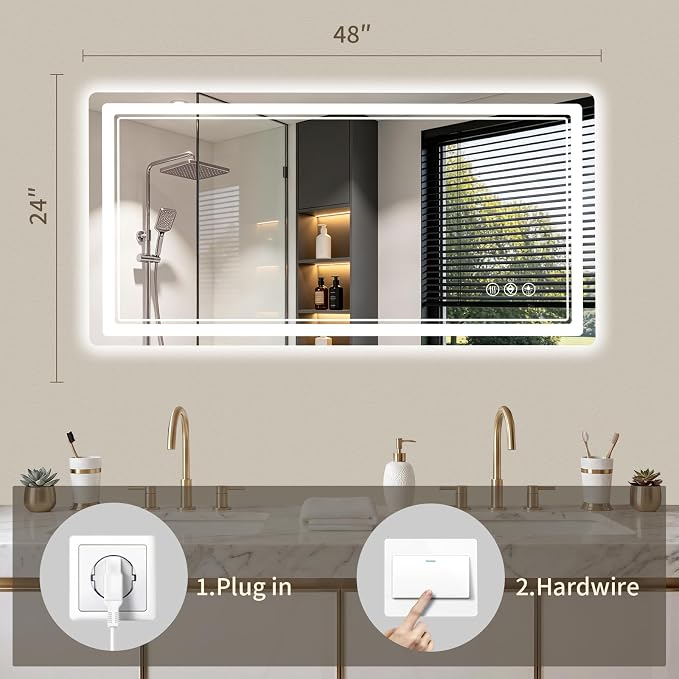 24"x48" LED Bathroom Mirror with Lights, Backlit + Front Lit, Anti-Fog, Lighted Bathroom Mirror for Wall, HD Shatterproof Tempered Glass, Dimmable, Memory Function (Horizontal/Vertical)