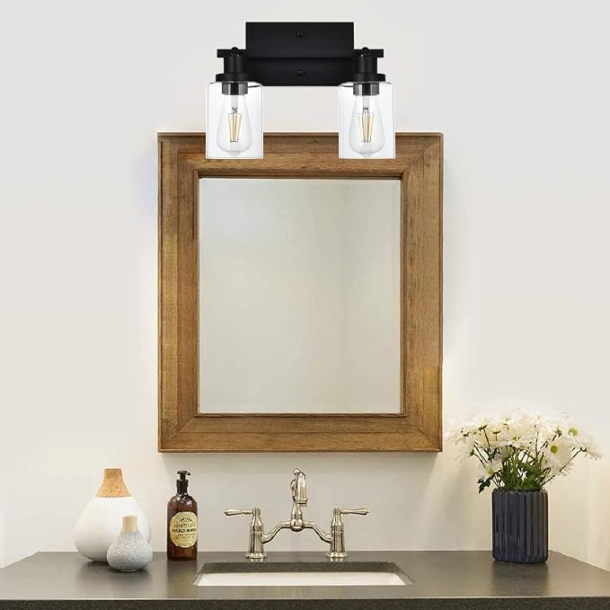 MELUCEE 2 Light Wall Scone Spotlight Semi Flush Mount Ceiling Light | 12.2 Inch Black Bathroom Lights Rotatable Track Lighting Kit for Hallway Porch Foyer Bath Storage, Clear Glass Shade