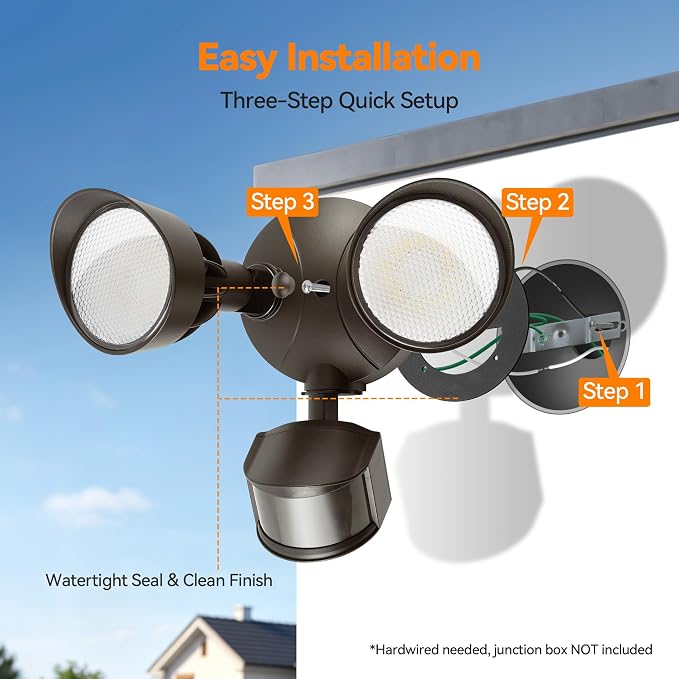 45W 5500LM PIR Motion Sensor Outdoor Lights, Dual Head LED Flood Light, 5000K Daylight, IP65 Waterproof Hardwired Dusk to Dawn Motion Detector Security Light for Outside Garage Yard (Brown)