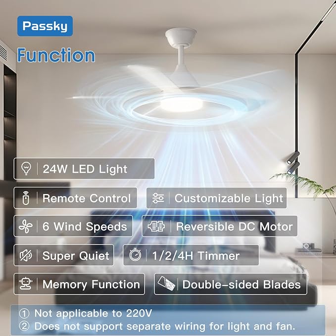 Passky 42 Inch White Sleek Ceiling Fans with Lights, Remote Control | 3-color dimmable light, quiet reversible DC motor, easy install, memory, Timer, bedroom, covered outdoor areas
