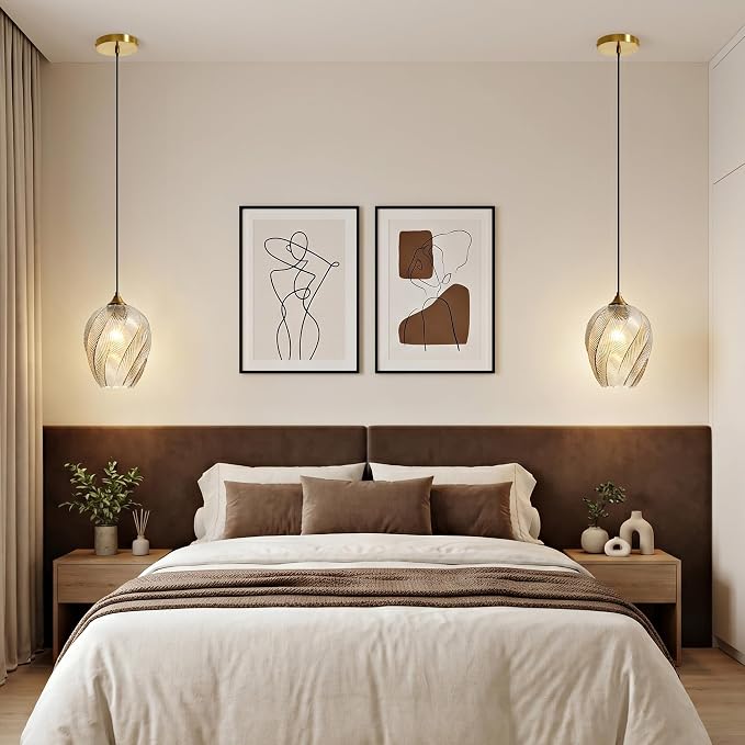 Amber Glass Pendant Lights Kitchen Island Gold Hanging Ceiling Light 8" | 1 Pack, Adjustable height, Dimmable, E26 bulbs, Rust-resistant Damp Rated For Bathrooms, 5-Year Warranty, UL Certification