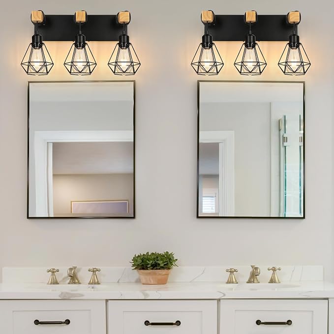 foucasal 3-Light Farmhouse Vanity Lights, Rustic Wood Bathroom Light | Black Metal Cage & Wood Vanity Light Fixtures Over Mirror, Wall Sconce Lighting for Bathroom Bedroom Hallway Living Room