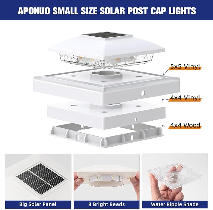APONUO Solar Post Cap Lights for 4x4 5x5 Posts - IP64 Waterproof, 6500K LED, No-Wire Fence Lights & Deck Lights for Patio Garden Yard Patio, White-Cool White, 20 Pack