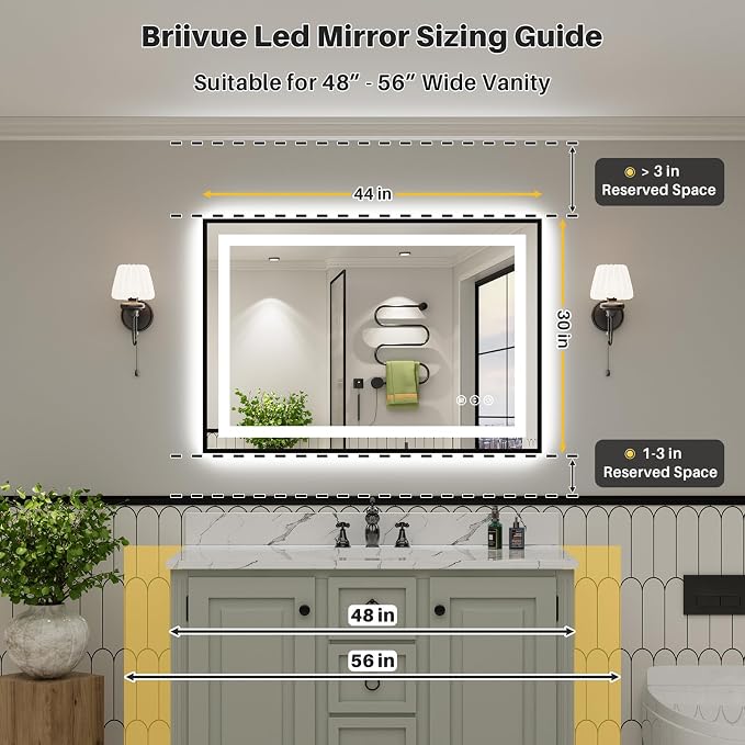 44x30 Inch LED Bathroom Mirror with Black Frame, Backlit & Front Lit | Anti-fog, 3 Color Dimmable, Memory Function, HD Reflection Tempered Glass, ETL Listed, IP54 Waterproof