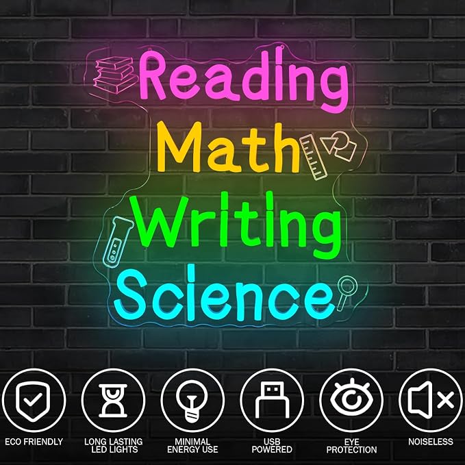 Reading Math Writing Science Neon Sign Dimmable Classroom Neon Light for Reading Room Bedroom Classroom LED Sign for Wall Decor Colorful Kids LED Light Gifts for Teachers Classroom Backdrop Aesthetic Decoration