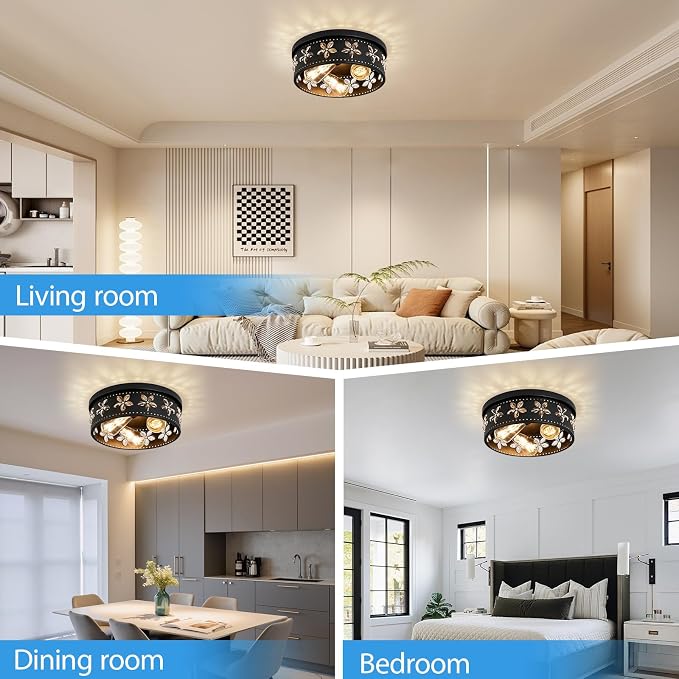 12.6 Inch Black Flush Mount Ceiling Light Fixture | 3-Light, Flower, Farmhouse, Kitchen, Dining Room, Bedroom, Living Room, Foyer, Entryway