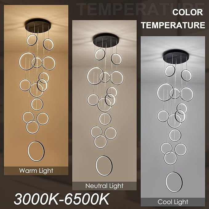 14 Ring High Ceiling Chandelier Foyer, Black Modern LED Large Staircase Long Chandeliers Light Fixture with Remote for Staircase Entryway Living Room Dining Room(118in, 3000K-6500K)