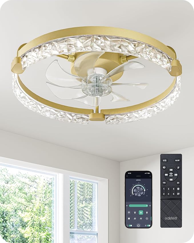 EDISHINE Ceiling Fans with Lights, 20'' Low Profile Flush Mount Fandelier | 3000-6000K Dimmable, 6 Speeds, App & Remote Control, DC Motor, LED Modern Bladeless Fan Light for Bedroom, Gold