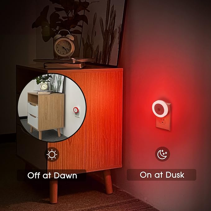 Night Lights Plug into Wall Red Night Light Dusk to Dawn Sensor | 4 Pack 60 Lumens, 0.6W, ABS Plastic, Perfect for Bedroom, Hallway, Bathroom, Kitchen, Stairway, Nursery